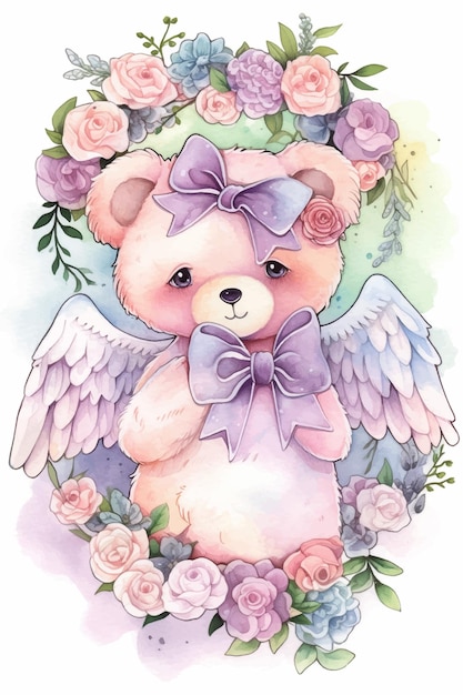 Uma ilustração em aquarela de um ursinho de pelúcia com flores roxas e um laço.
