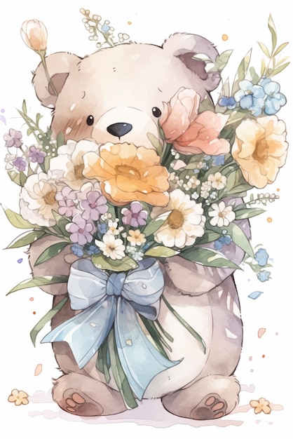 Uma ilustração em aquarela de um ursinho de pelúcia segurando um buquê de flores