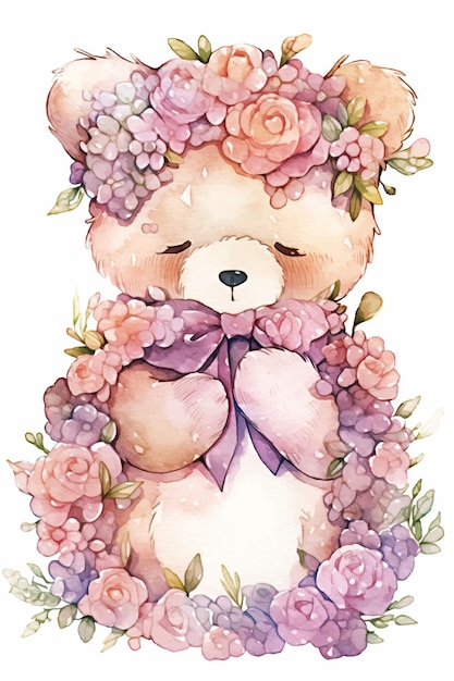 Uma ilustração em aquarela de um urso fofo com flores.