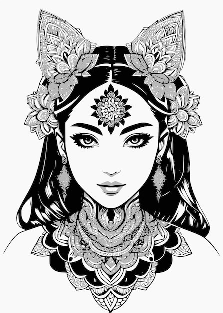 Vetor uma ilustração em preto e branco de uma mulher com um colar e a palavra mahabharata nele.