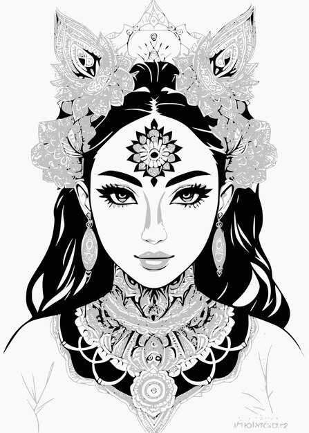 Vetor uma ilustração em preto e branco de uma mulher com uma coroa na cabeça.