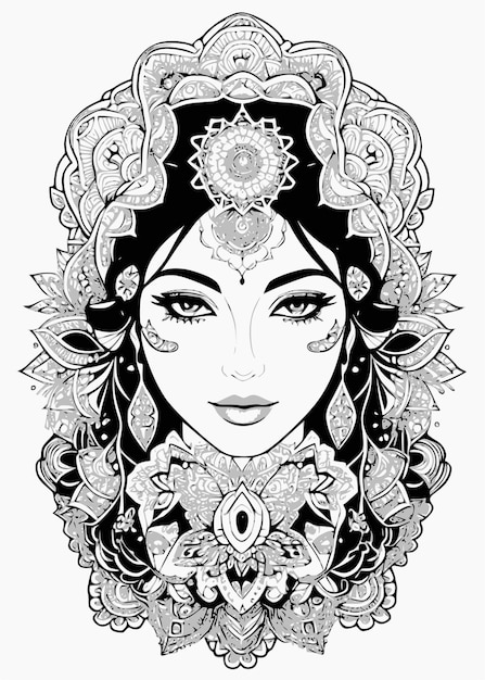 Vetor uma ilustração em preto e branco do rosto de uma mulher com ornamentos florais.