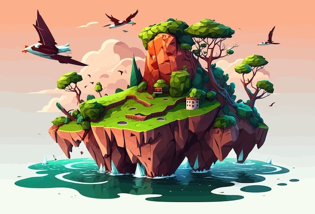 Uma ilustração estilizada de uma ilha no meio do oceano Aves planas pedaço de terra no oceano criatividade design férias de sobrevivência na selva Conceito de criatividade Ilustração vetorial