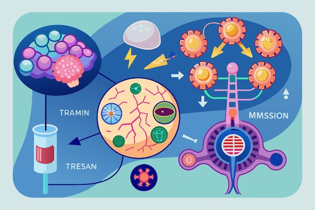 Vetor uma ilustração explicando o processo de neurotransmissão da liberação de neurotransmissores até sua ligação a receptores em células-alvo