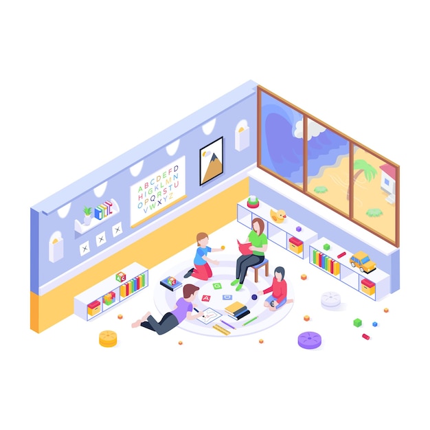 Uma ilustração isométrica bem projetada de uma sala de aula