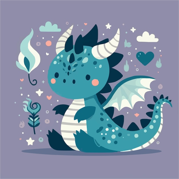 Uma ilustração plana de um dragão bonito com estilo kawaiii.