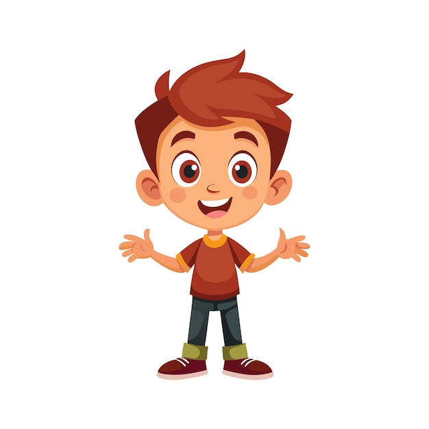 uma ilustração plana de um menino com uma expressão facial feliz com cabelo castanho