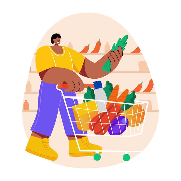 Uma ilustração plana de um personagem fazendo compras de supermercado
