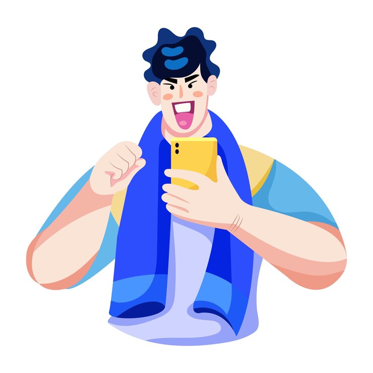 Vetor uma ilustração plana de um personagem segurando um celular se divertindo com uma selfie