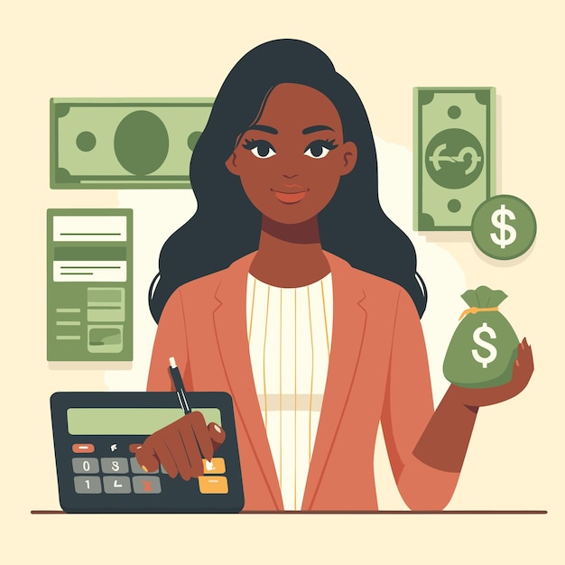 Vetor uma ilustração plana de uma mulher a gerir as finanças.