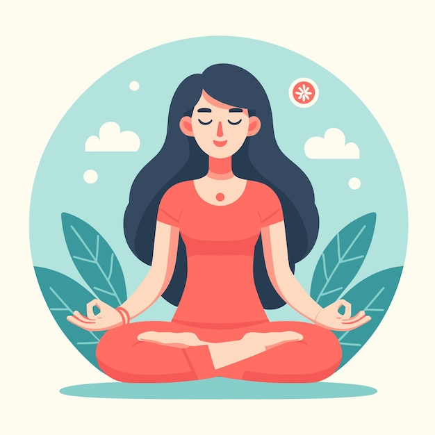 Vetor uma ilustração plana de uma mulher asiática meditando e expressão de calma em seu rosto