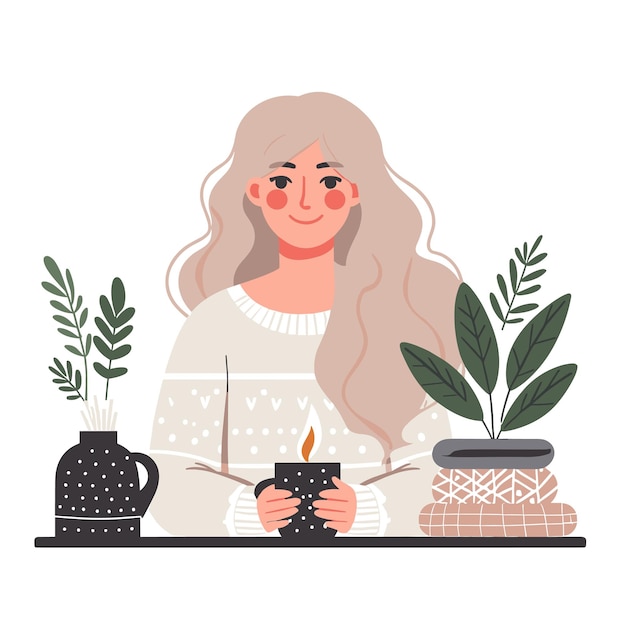 Vetor uma ilustração plana de uma mulher com vida de hygge em fundo branco