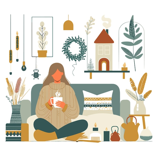 Vetor uma ilustração plana de uma mulher com vida de hygge em fundo branco