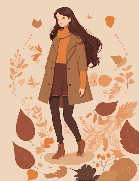 Uma ilustração plana de uma mulher que gosta da estação de outono