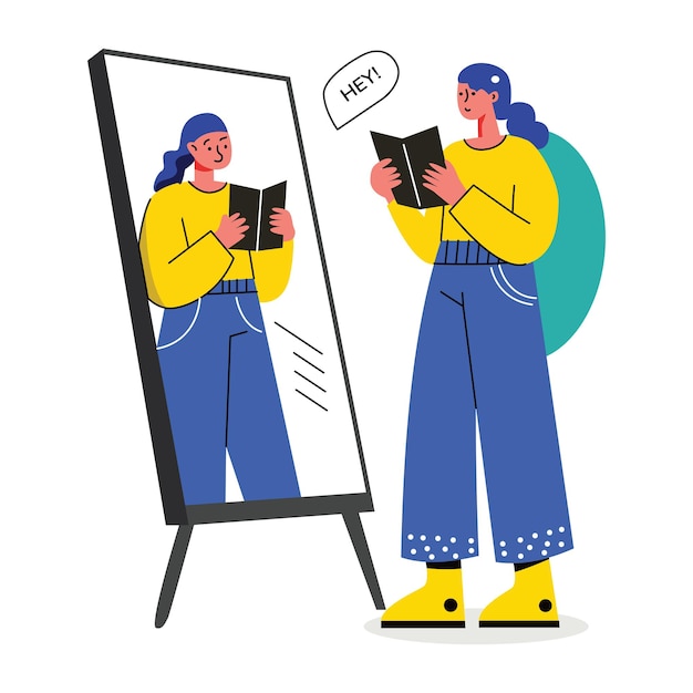 Uma ilustração plana de uma pessoa fazendo prática de espelho