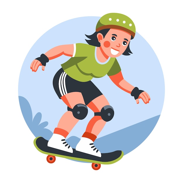Uma ilustração plana do personagem skateboarder mexicano