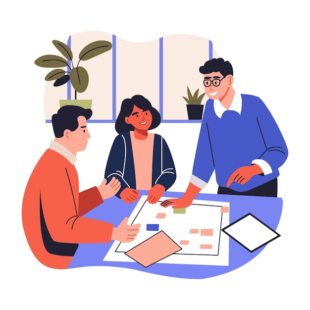 Uma ilustração plana que retrata uma sessão colaborativa