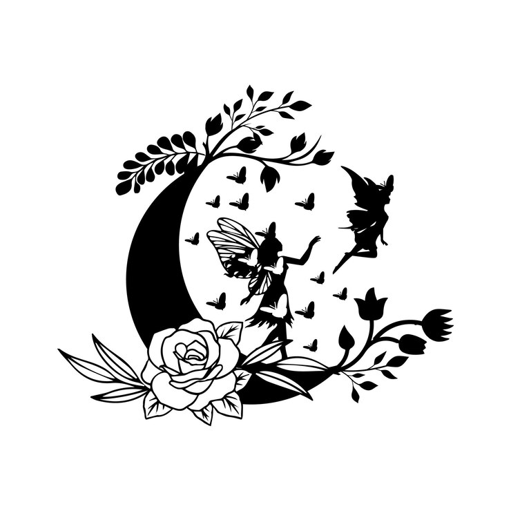 Vetor uma ilustração preto e branco de uma fada com rosas na lua
