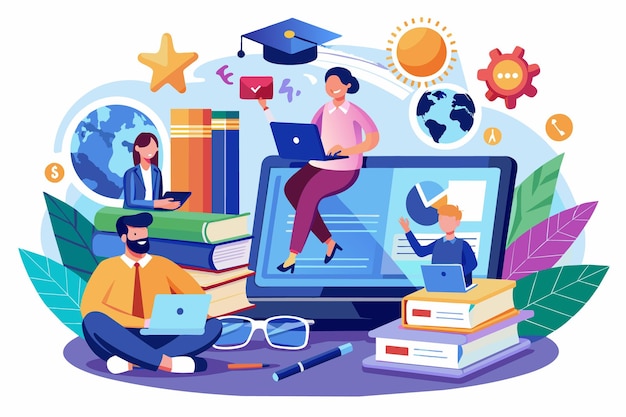 Uma ilustração que retrata a educação on-line com alunos usando livros de laptops e uma grande tela de computador