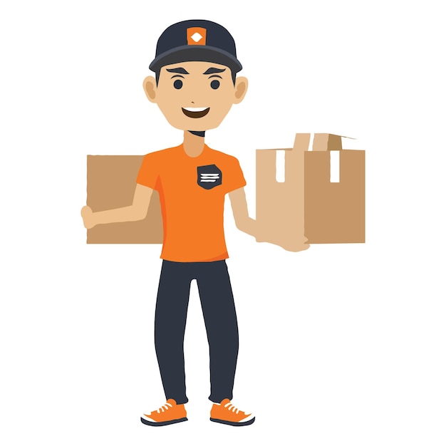 Uma ilustração simples de um entregador asiático segurando o estilo de desenho animado da caixa