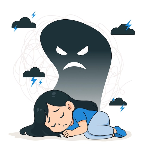Uma ilustração sobre depressão ou doença mental em um estilo de desenho animado bonito