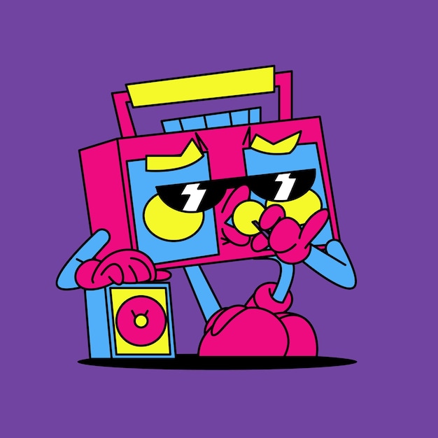 Vetor uma ilustração vetorial boombox personagens comem pirulito e de pé ao lado de alto-falantes