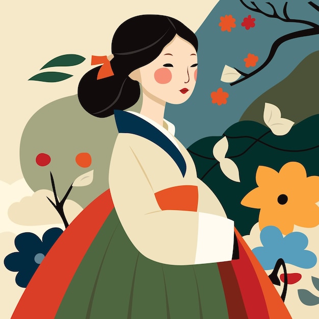 Personagem de garotas kawaii fofas coreanas em ilustração de conjunto de  desenhos animados de vestido hanbok coreano tradicional