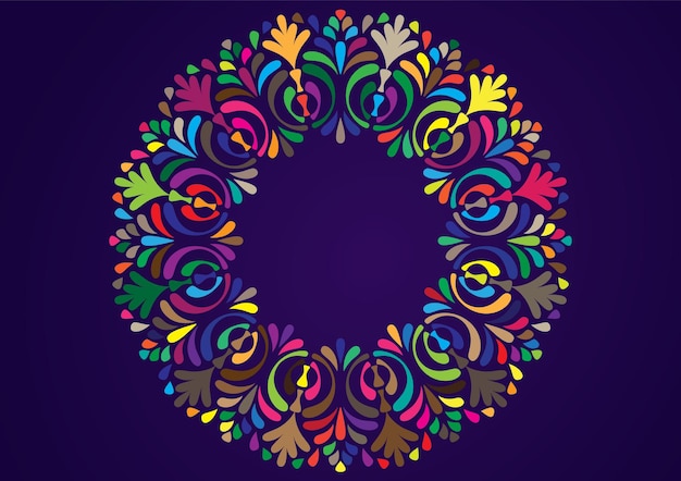 Uma ilustração vetorial de moldura ornamental colorida de mandala floral em fundo escuro