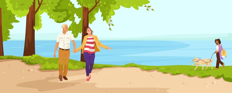 Vetor uma ilustração vetorial de pessoas e um cão caminhando ao longo de um caminho à beira do lago com árvores e grama ilustração vetorial