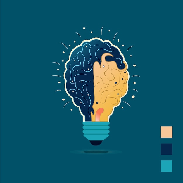 Vetor uma ilustração vetorial de um conceito de lâmpada com cérebro interno para pensamento inovador e geração de ideias