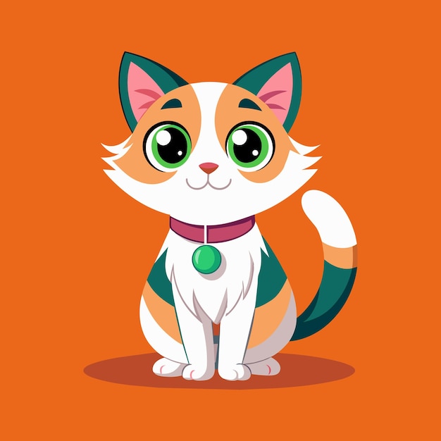 Vetor uma ilustração vetorial de um gatinho adorável com grandes olhos verdes em fundo laranja