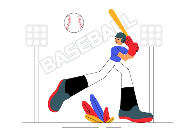 Uma ilustração vetorial de um jogador de beisebol mostrando um atleta em uniforme atirando, pegando ou batendo uma bola usando tacos e luvas em um estádio