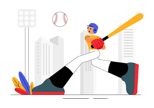 Uma ilustração vetorial de um jogador de beisebol mostrando um atleta em uniforme atirando, pegando ou batendo uma bola usando tacos e luvas em um estádio