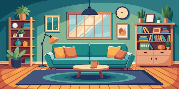 Vetor uma ilustração vetorial de uma sala de estar com um sofá e uma mesa de café