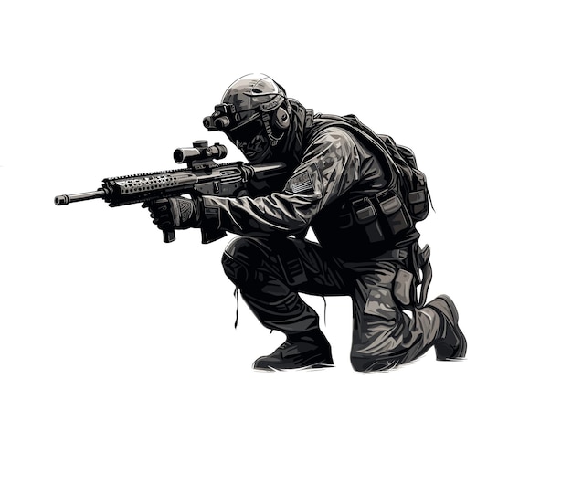 Vetor uma ilustração vetorial detalhada de um soldado atirador em equipamento de combate isolado em um fundo branco