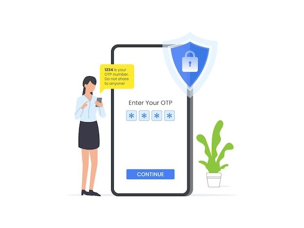 Uma ilustração vetorial representando uma mulher inserindo uma senha única como parte do processo de validação