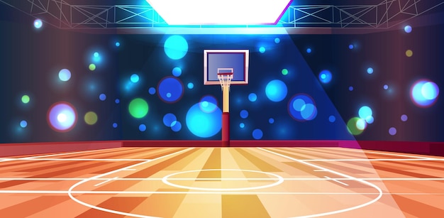 Uma ilustração vetorial vibrante de uma quadra de basquete coberta com efeitos de iluminação coloridos no fundo Ilustração vetorial