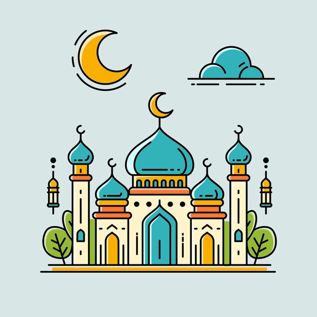 Uma ilustração vibrante de uma mesquita com estilo de arte de linha e cor plana