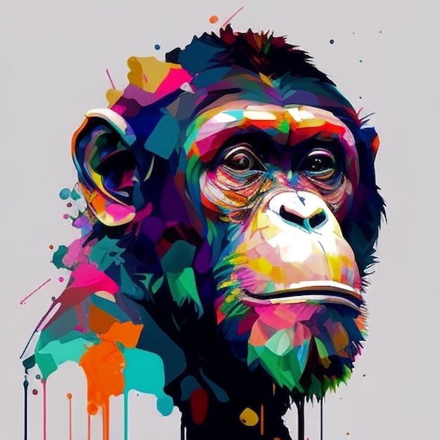 Uma imagem colorida de um chimpanzé de rosto negro.