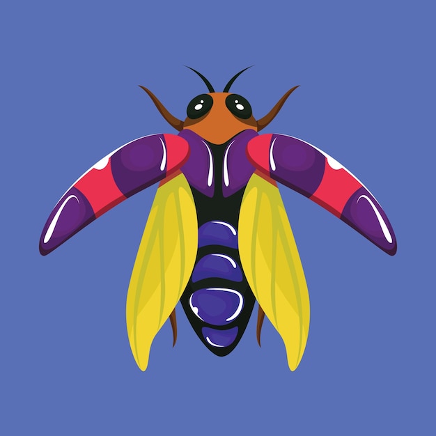 Vetor uma imagem colorida de uma abelha com asas amarelas e um fundo azul.