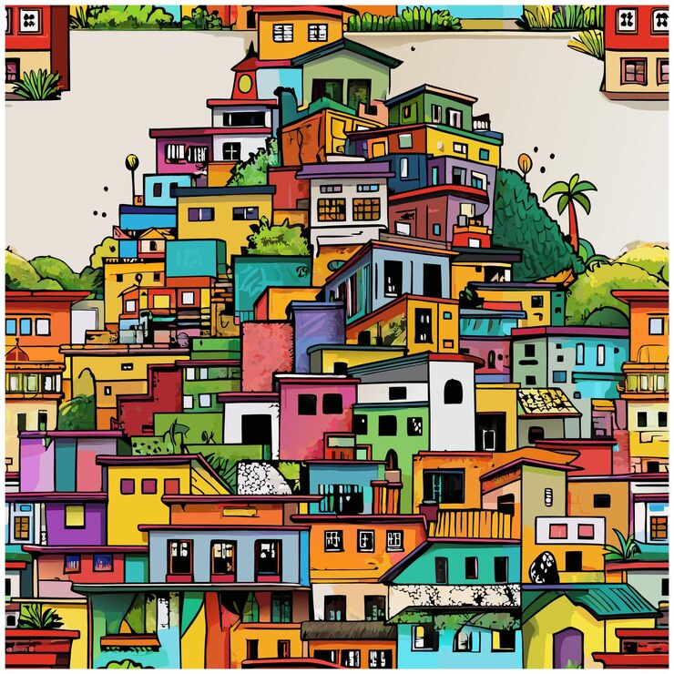 Vetor uma imagem colorida de uma cidade com casas e um sinal que diz citação e citação