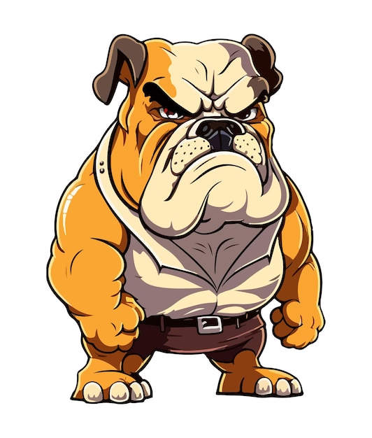 Uma imagem de desenho animado de um buldogue com uma camisa que diz 'bulldog' nela