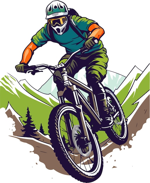 Vetor uma imagem de desenho animado de um ciclista de montanha com um capacete e um capacete que diz mountain bike.