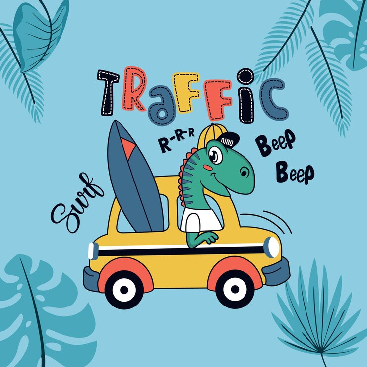 Uma imagem de desenho animado de um dinossauro andando de carro com as palavras tráfego nele.