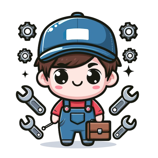 Vetor uma imagem de desenho animado de um menino com um chapéu azul e um boné azul com uma ferramenta em sua mão