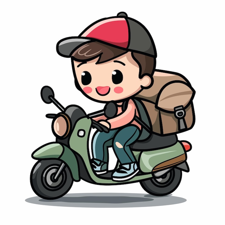 Vetor uma imagem de desenho animado de um menino em uma scooter vermelha com uma cesta na frente