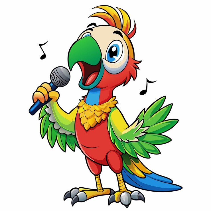 Vetor uma imagem de desenho animado de um papagaio cantando em um microfone