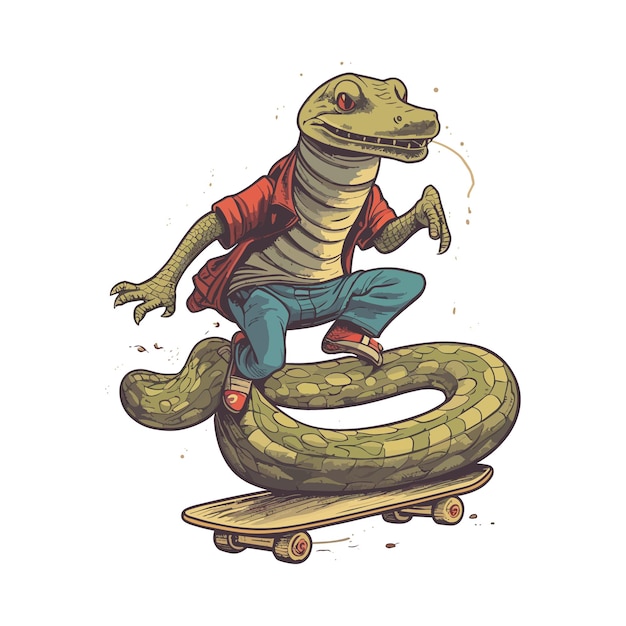 Uma imagem de desenho animado de uma cobra andando de skate.