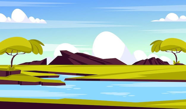 Vetor uma imagem de desenho animado de uma montanha e um lago com uma palmeira.