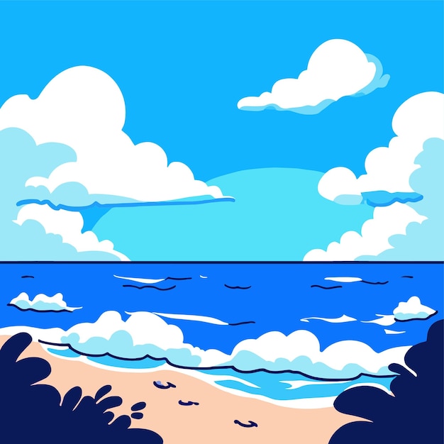 Vetor uma imagem de desenho animado de uma praia com um mar azul e uma ilustração vetorial de nuvem branca